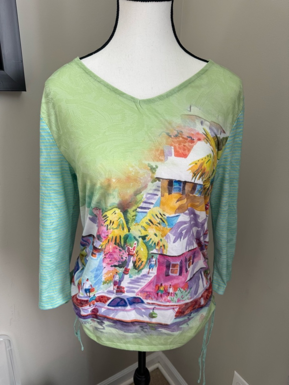 Ellen Negley Tropical Coastal Watercolor Print Ruched Tunic Top Green‎ Medium